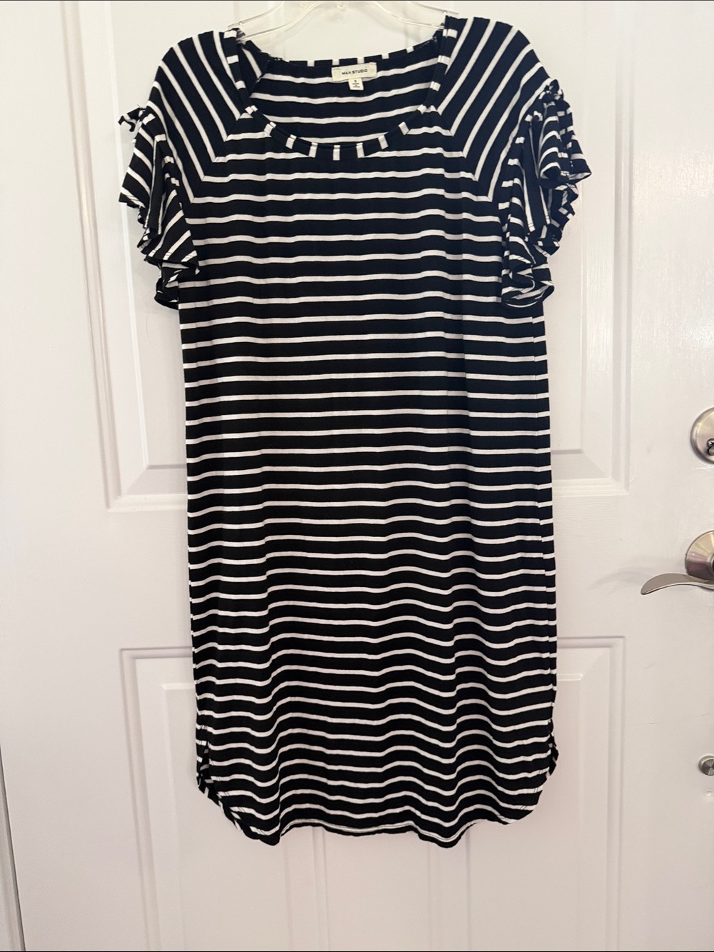 Max Studio Black & White Striped Midi Dress with Ruffle Sleeves Size Small